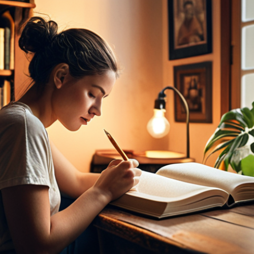 **

A person sitting comfortably, journaling in a cozy room with soft lighting. Bookshelves and plants are visible in the background. Focus on the feeling of self-reflection and understanding. "Self-reflection," "journaling," and "cozy atmosphere" could be keywords.

**