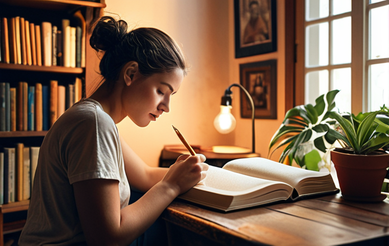 **
A person sitting comfortably, journaling in a cozy room with soft lighting. Bookshelves and plants are visible in the background. Focus on the feeling of self-reflection and understanding. "Self-reflection," "journaling," and "cozy atmosphere" could be keywords.
**